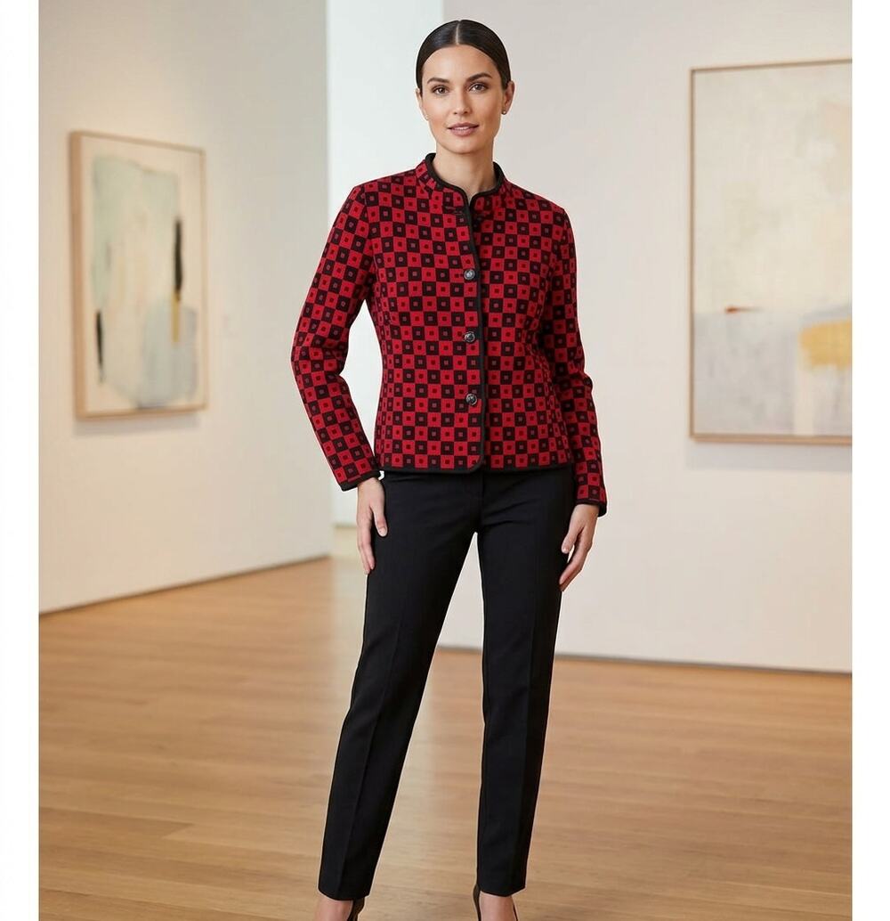 Vintage Louis Féraud Jacket Sze 12 Red Black Geometric Virgin Wool Luxury Blazer